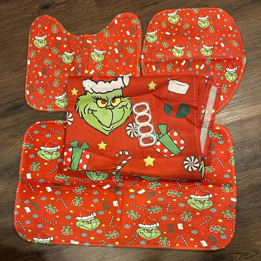 Festive Grinch Bathroom Set-Shower Curtain, Non-Slip Mats, Toilet Cover, Hooks